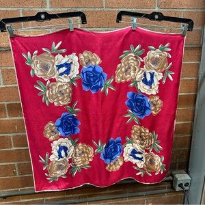 Vibrant Floral Scarf with Blue and Tan Accents